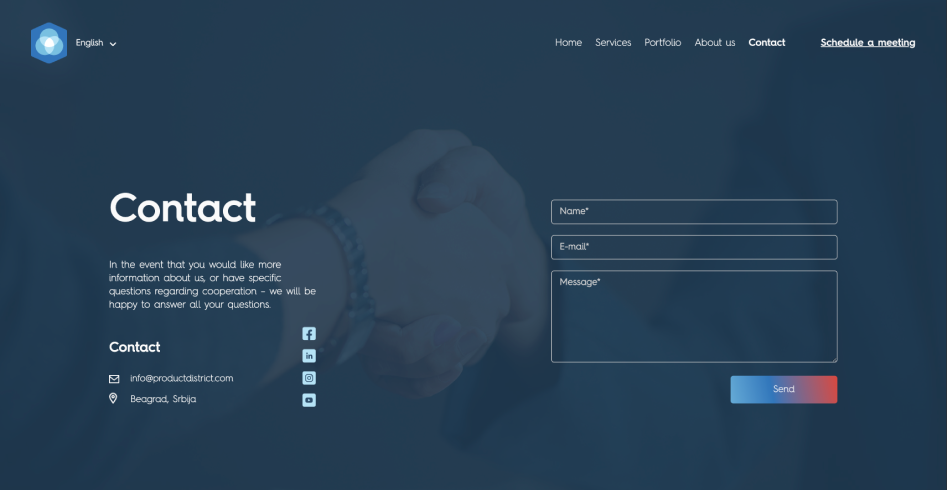 Одељак за контакт на Product District веб сајту