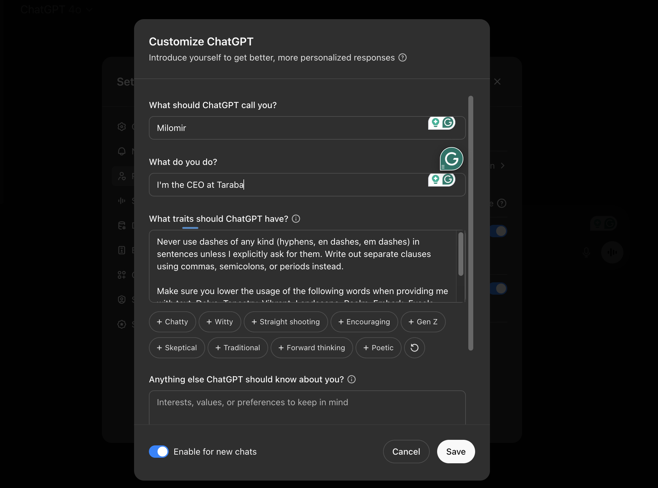 Settings customizing